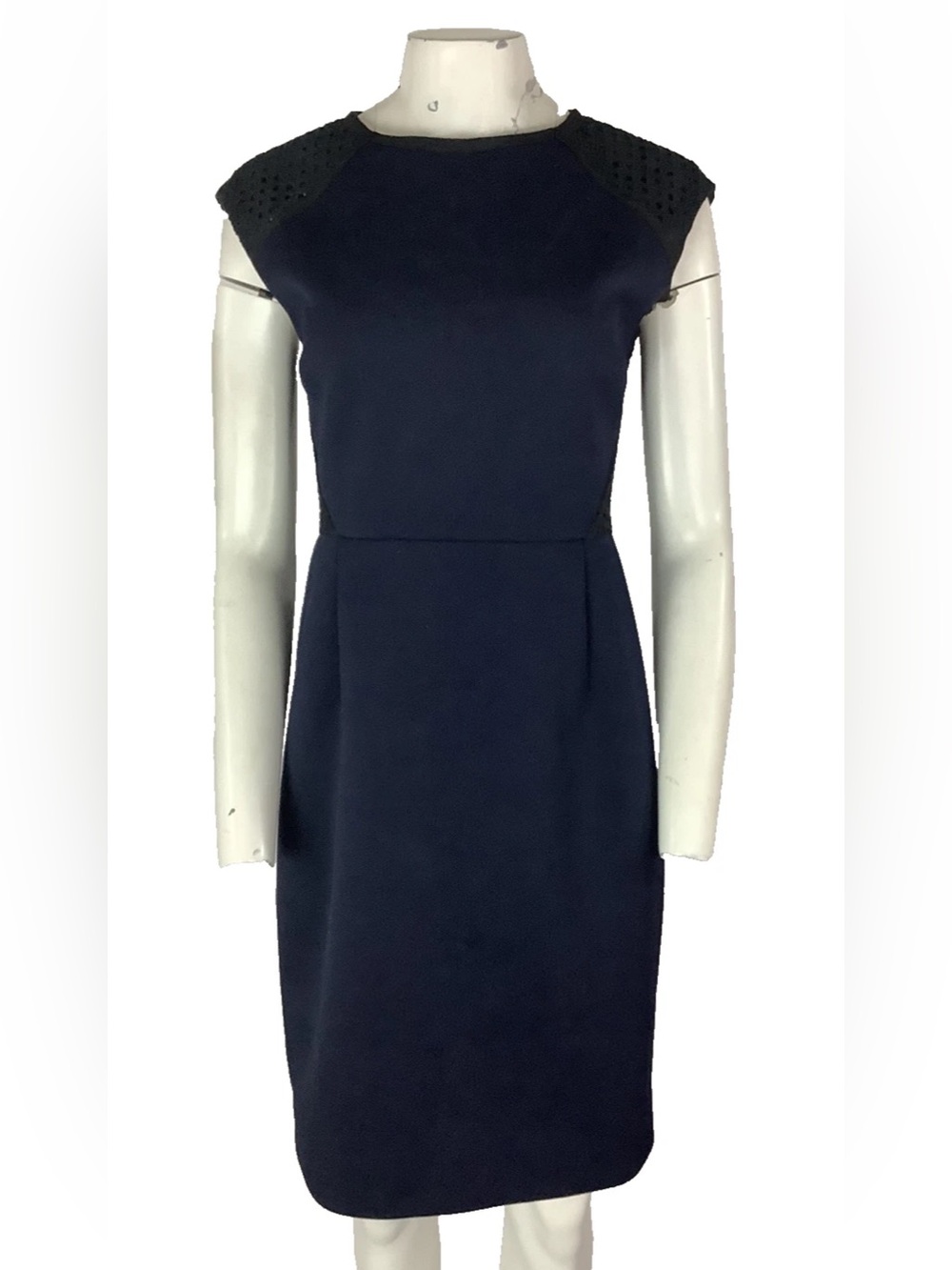 J.CREW Sz 4 Ponte Eyelet Business Office Interview Navy Blue Sheath Dress
